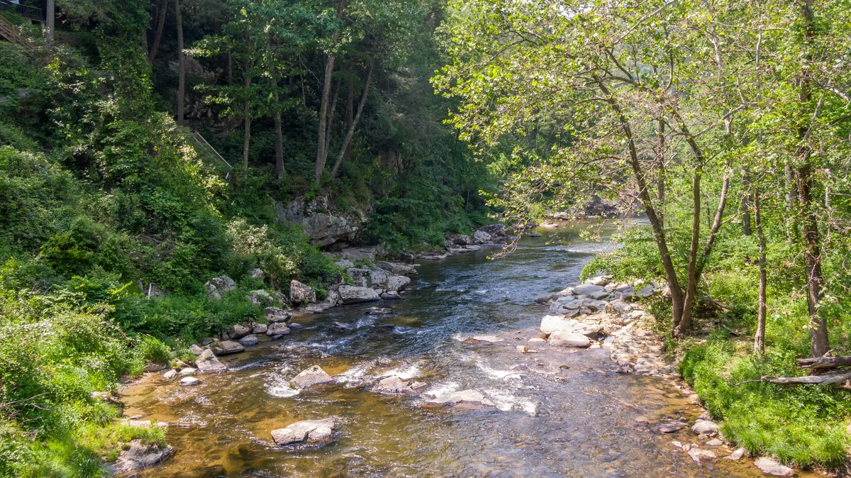 A captivating riverside view with the Watauga River flowing past large sun-dappled rocks and verdant greenery. The atmosphere is serene, hinting at opportunities for birdwatching, fishing, and wildlife observation along the water’s edge.